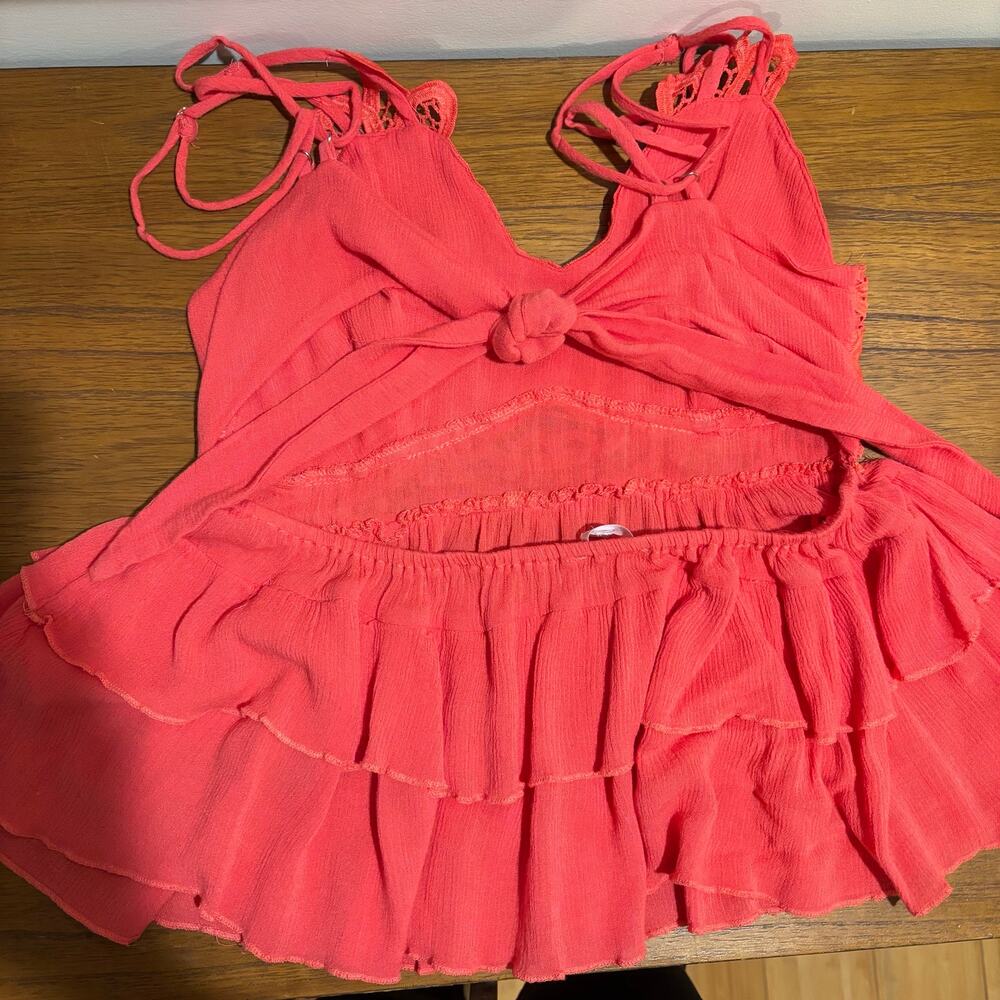 Coral Ruffle Tiered Cami Peplum Tank Top szS Y2K,fairy, festival, boho, concert - Picture 6 of 7